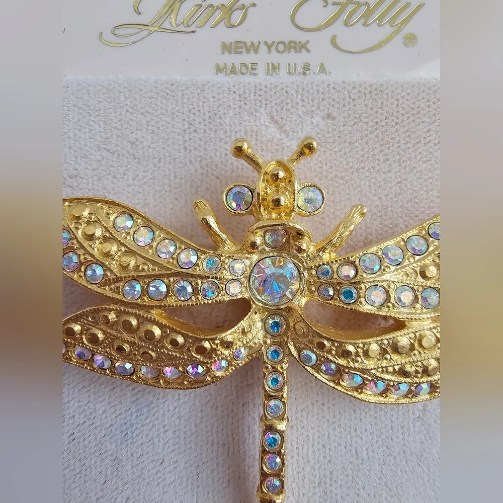 Vintage Kirks Folly Dragonfly Garden Brooch – AB Crystals Gold Tone Signed Rare